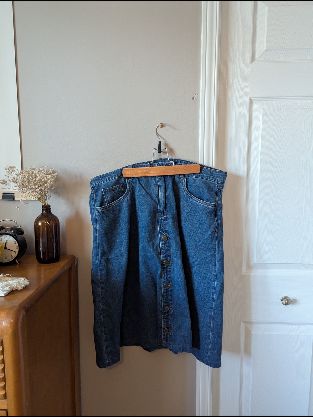 Classic Blue Denim Midi Skirt - Button Front